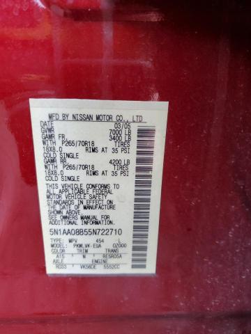 5N1AA08B55N722710 - 2005 NISSAN ARMADA SE RED photo 13