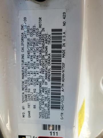 5TEUU4ENXAZ677351 - 2010 TOYOTA TACOMA ACCESS CAB თეთრი ფოტო 12