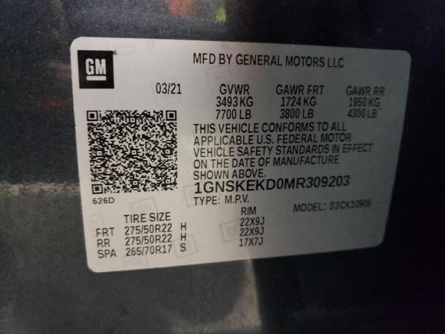 1GNSKEKD0MR309203 - 2021 CHEVROLET SUBURBAN K1500 RST GRAY photo 14