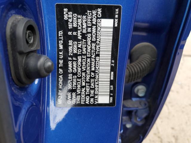 SHHFK7H41JU422249 - 2018 HONDA CIVIC SPORT 蓝色 照片 12