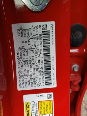 2HGFE2F51NH587419 - 2022 HONDA CIVIC SPORT 红色 照片 12
