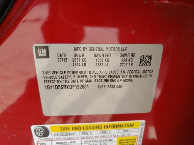 1G11D5SRXDF132681 - 2013 CHEVROLET MALIBU 1LT წითელი ფოტო 12