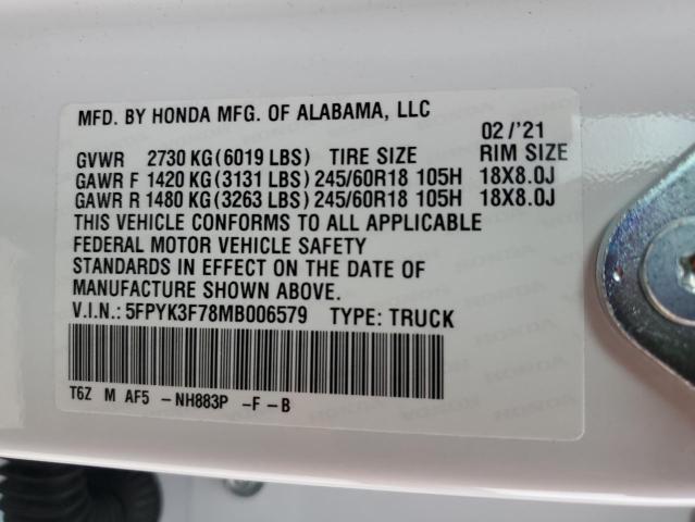 5FPYK3F78MB006579 - 2021 HONDA RIDGELINE RTL WHITE photo 12