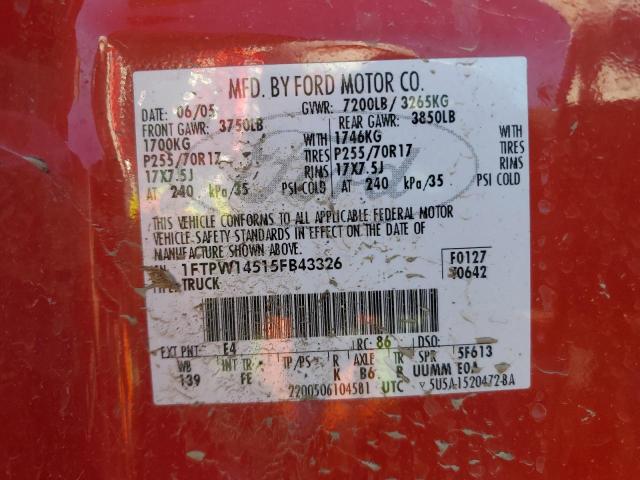 1FTPW14515FB43326 - 2005 FORD F150 SUPERCREW RED photo 12