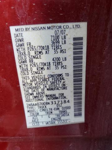 1N6AA07D08N317184 - 2008 NISSAN TITAN XE RED photo 12