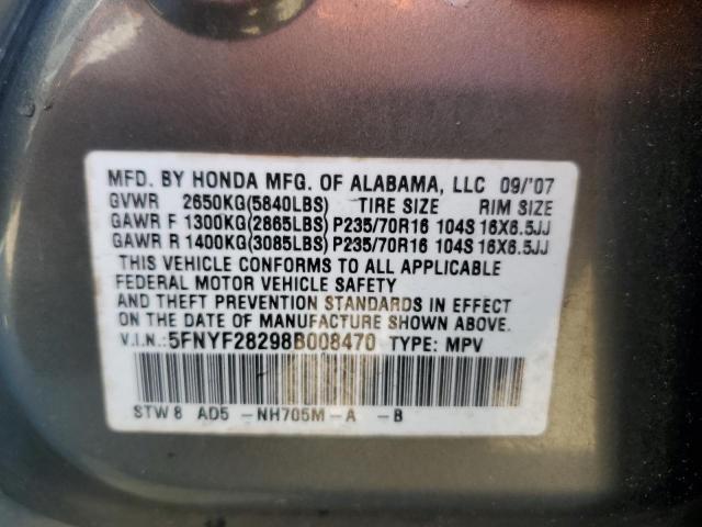 5FNYF28298B008470 - 2008 HONDA PILOT VP GRAY photo 13