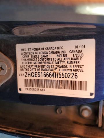 2HGES16664H550226 - 2004 HONDA CIVIC LX BLUE photo 12