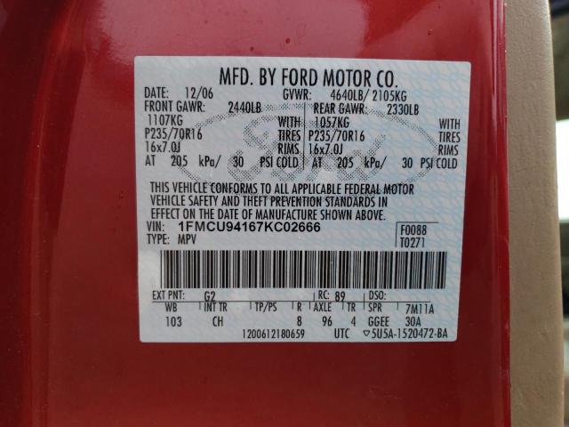 1FMCU94167KC02666 - 2007 FORD ESCAPE LIMITED RED photo 12