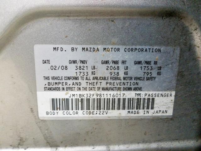 JM1BK32F981116017 - 2008 MAZDA 3 I SILVER photo 10