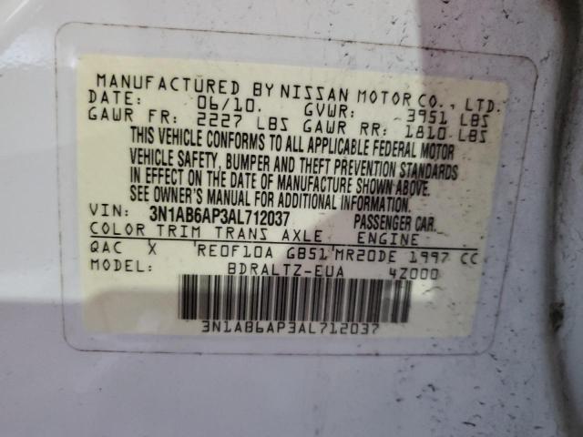 3N1AB6AP3AL712037 - 2010 NISSAN SENTRA 2.0 WHITE photo 12