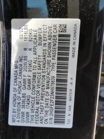 2HGFE2F23NH578839 - 2022 HONDA CIVIC LX BLACK photo 12