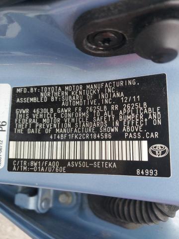 4T4BF1FK2CR184586 - 2012 TOYOTA CAMRY BASE BLUE photo 12