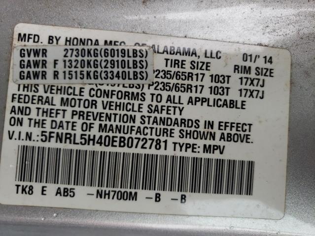 5FNRL5H40EB072781 - 2014 HONDA ODYSSEY EX SILVER photo 12