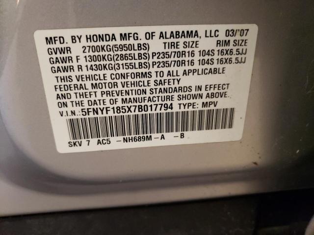 5FNYF185X7B017794 - 2007 HONDA PILOT EXL SILVER photo 13