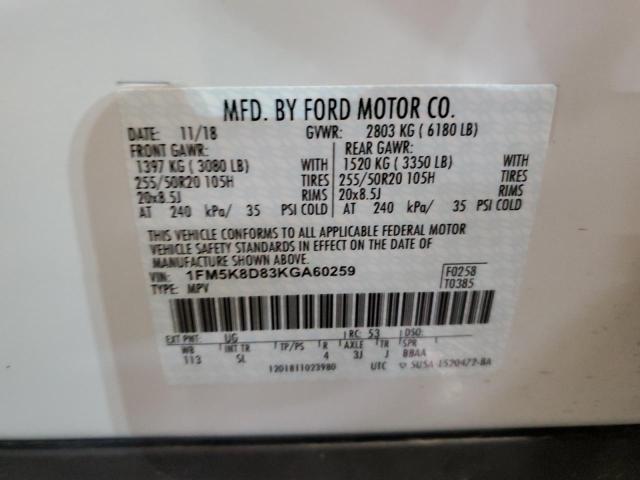 1FM5K8D83KGA60259 - 2019 FORD EXPLORER XLT WHITE photo 13