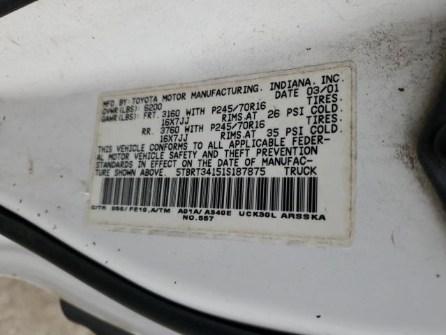 5TBRT34151S187875 - 2001 TOYOTA TUNDRA ACCESS CAB WHITE photo 12