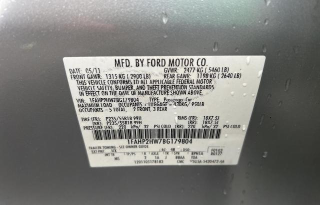 1FAHP2HW7BG179804 - 2011 FORD TAURUS SEL SILVER photo 10