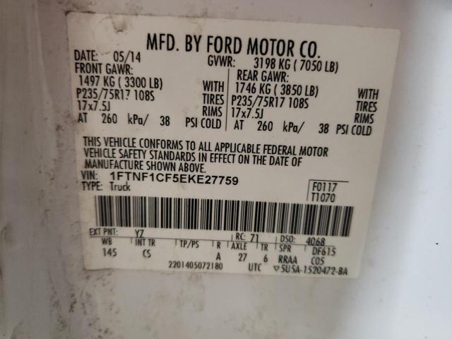 1FTNF1CF5EKE27759 - 2014 FORD F150 WHITE photo 12