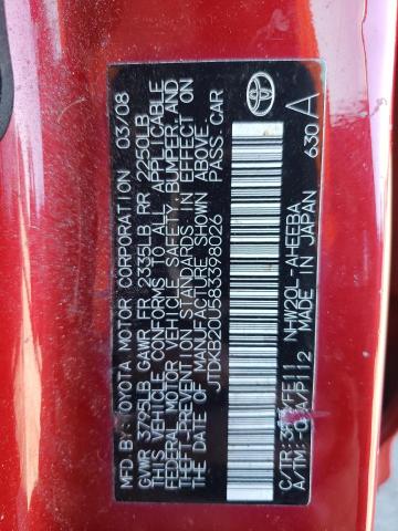 JTDKB20U583398026 - 2008 TOYOTA PRIUS RED photo 12