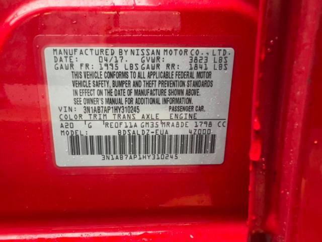 3N1AB7AP1HY310245 - 2017 NISSAN SENTRA S RED photo 10