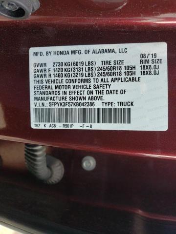 5FPYK3F57KB042386 - 2019 HONDA RIDGELINE RTL MAROON photo 12