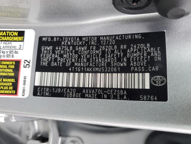 4T1G11AKXMU532061 - 2021 TOYOTA CAMRY SE SILVER photo 13