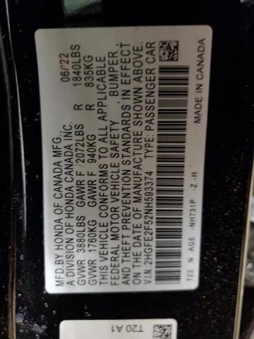 2HGFE2F52NH593374 - 2022 HONDA CIVIC SPORT 黑色 照片 12
