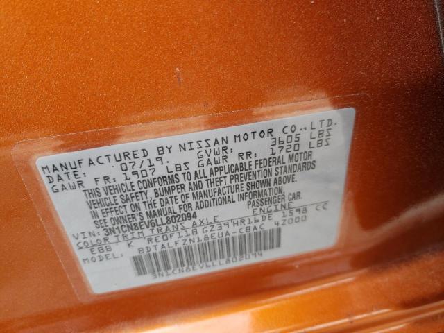 3N1CN8EV6LL802094 - 2020 NISSAN VERSA 1.6 SV ORANGE photo 12