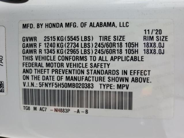 5FNYF5H50MB020383 - 2021 HONDA PILOT EXL WHITE photo 13