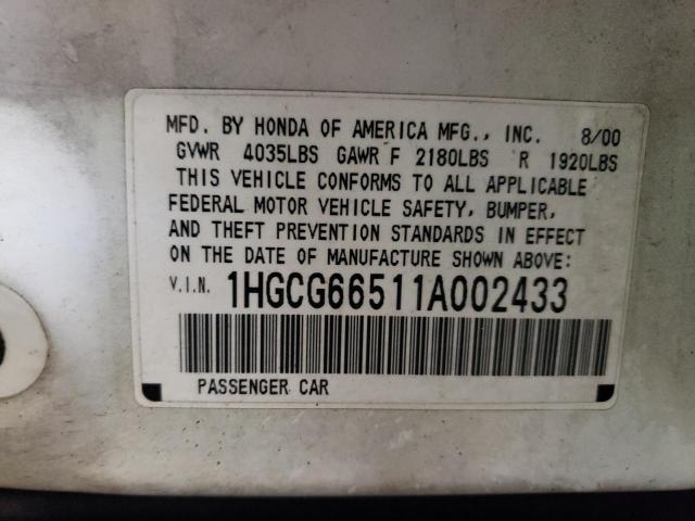 1HGCG66511A002433 - 2001 HONDA ACCORD LX WHITE photo 12