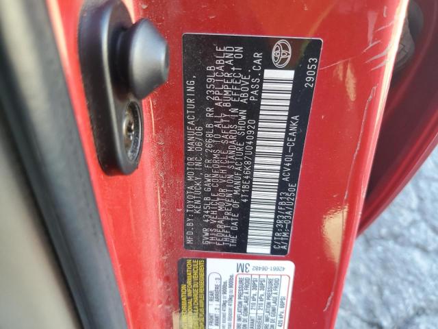 4T1BE46K87U040920 - 2007 TOYOTA CAMRY CE RED photo 12