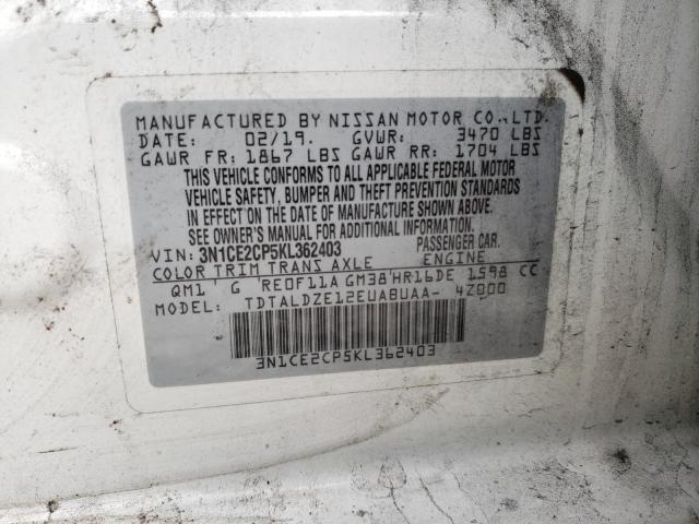 3N1CE2CP5KL362403 - 2019 NISSAN VERSA NOTE S WHITE photo 13