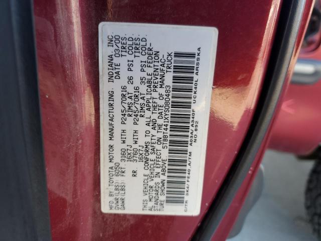 5TBBT441XYS080483 - 2000 TOYOTA TUNDRA ACCESS CAB RED photo 12