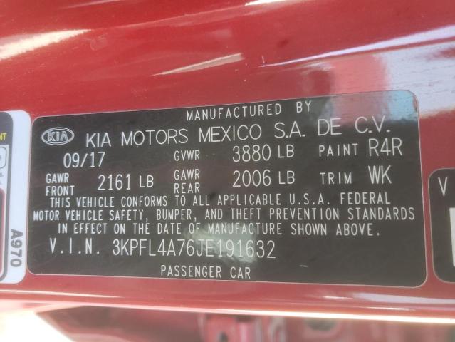 3KPFL4A76JE191632 - 2018 KIA FORTE LX RED photo 12