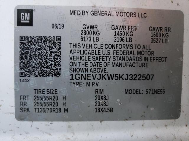 1GNEVJKW5KJ322507 - 2019 CHEVROLET TRAVERSE HIGH COUNTRY WHITE photo 14