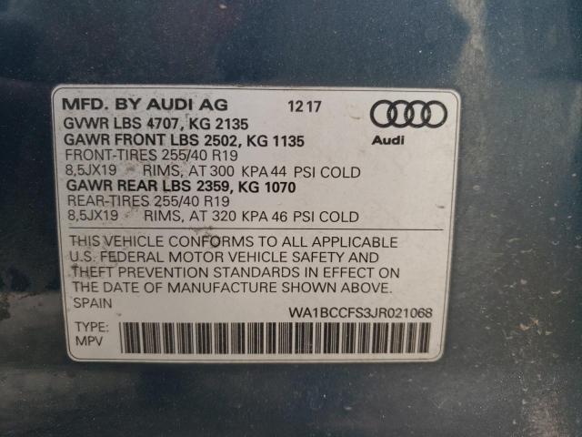 WA1BCCFS3JR021068 - 2018 AUDI Q3 PREMIUM BLUE photo 12