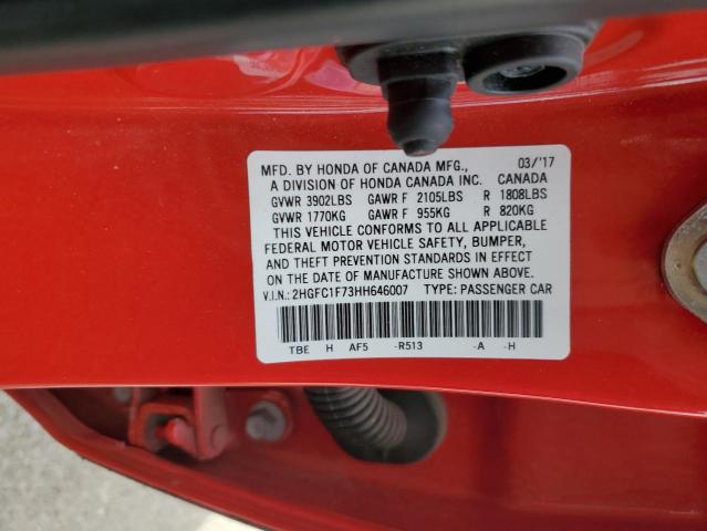 2HGFC1F73HH646007 - 2017 HONDA CIVIC EXL წითელი ფოტო 12