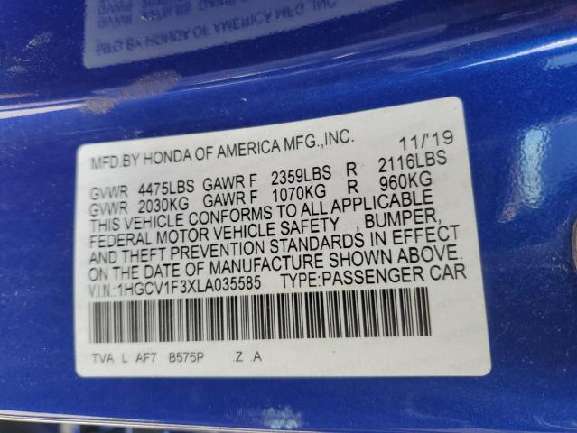 1HGCV1F3XLA035585 - 2020 HONDA ACCORD SPORT BLUE photo 12