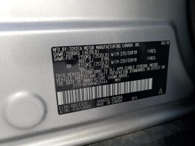 2T3Y1RFV8KW025444 - 2019 TOYOTA RAV4 LIMITED SILVER photo 12