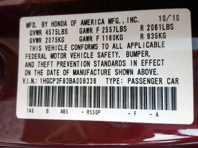 1HGCP3F83BA008339 - 2011 HONDA ACCORD EXL  photo 10