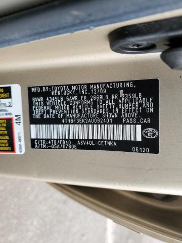 4T1BF3EK2AU092401 - 2010 TOYOTA CAMRY BASE GOLD photo 12