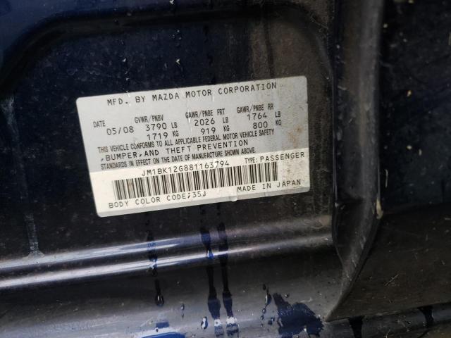 JM1BK12G881163794 - 2008 MAZDA 3 I BLUE photo 12