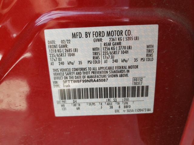 3FTTW8F99NRA45087 - 2022 FORD MAVERICK XL RED photo 13