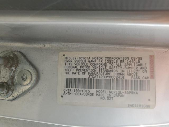 JTDAT1230Y0002416 - 2000 TOYOTA ECHO SILVER photo 12