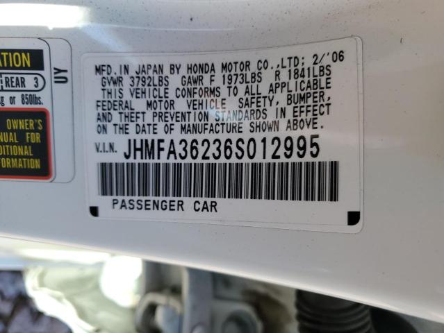 JHMFA36236S012995 - 2006 HONDA CIVIC HYBRID WHITE photo 12