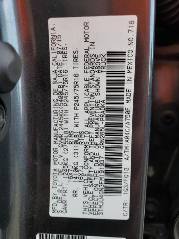 3TMJU4GN3FM191937 - 2015 TOYOTA TACOMA DOUBLE CAB PRERUNNER GRAY photo 12