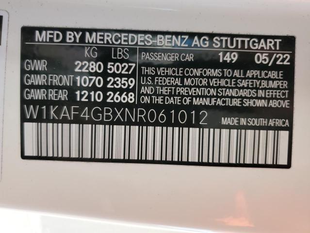 W1KAF4GBXNR061012 - 2022 MERCEDES-BENZ C 300 WHITE photo 12