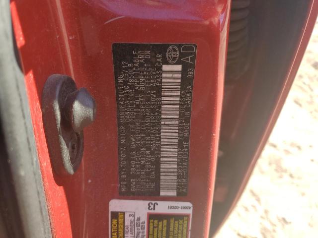 2T1BU4EE5CC872158 - 2012 TOYOTA COROLLA BASE RED photo 13