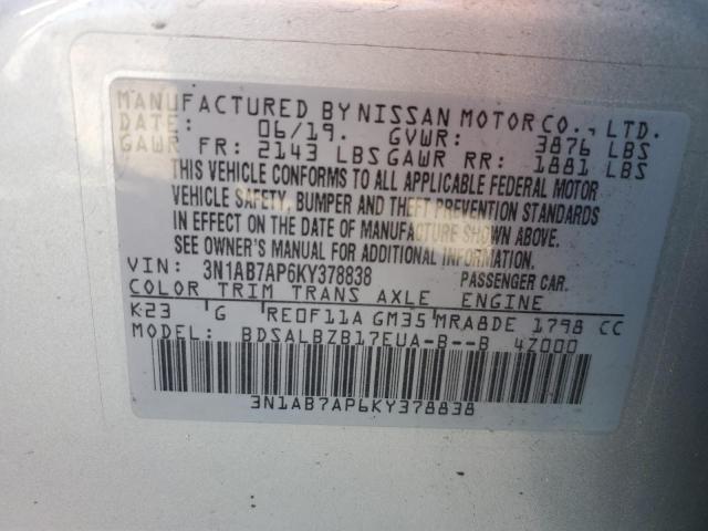 3N1AB7AP6KY378838 - 2019 NISSAN SENTRA S SILVER photo 12