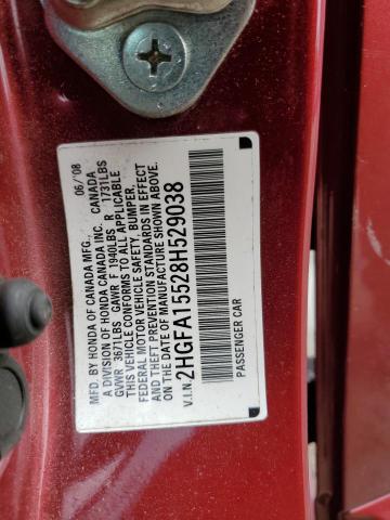 2HGFA15528H529038 - 2008 HONDA CIVIC LX BURGUNDY photo 12